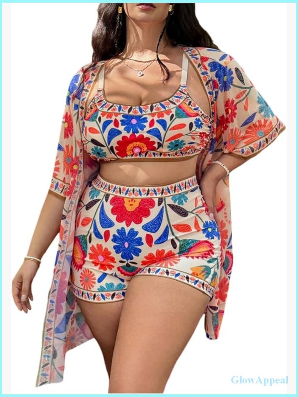 Plus Size 3 Piece High Waisted Bikini Set with Cover Up Kimono
